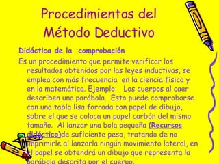 Procedimientos del Método Deductivo Didáctica de la  comprobación Es un procedimiento que permite verificar los resultados obtenidos por las leyes inductivas, se emplea con más frecuencia  en la ciencia física y en la matemática. Ejemplo:  Los cuerpos al caer describen una parábola.  Esto puede comprobarse con una tabla lisa forrada con papel de dibujo, sobre el que se coloca un papel carbón del mismo tamaño.  Al lanzar una bola pequeña  (Recursos didáctico) de suficiente peso, tratando de no imprimirle al lanzarla ningún movimiento lateral, en el papel se obtendrá un dibujo que representa la parábola descrita por el cuerpo. 