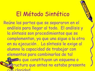 El Método Sintético Reúne las partes que se separaron en el análisis para llegar al todo.  El análisis y la síntesis son procedimientos que se complementan, ya que una sigue a la otra en su ejecución .  La síntesis le exige al alumno la capacidad de trabajar con elementos para combinarlos de tal manera que constituyan un esquema o estructura que antes no estaba presente con claridad. 
