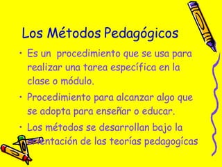 Los Métodos Pedagógicos Es un  procedimiento que se usa para realizar una tarea específica en la clase o módulo. Procedimiento para alcanzar algo que se adopta para enseñar o educar.  Los métodos se desarrollan bajo la orientación de las teorías pedagogícas 