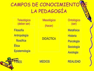 CAMPOS DE CONOCIMIENTO DE LA PEDAGOGÍA Teleológico (deber ser) Mesológico (hacer) Ontológico (ser) Filosofía  Antropología filosófica Ética Epistemología DIDÁCTICA Metafísica  Historia Psicología Sociología Axiología FINES  MEDIOS REALIDAD 