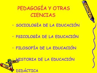 PEDAGOGÍA Y OTRAS CIENCIAS  SOCIOLOGÍA DE LA EDUCACIÓN PSICOLOGÍA DE LA EDUCACIÓN FILOSOFÍA DE LA EDUCACIÓN HISTORIA DE LA EDUCACIÓN DIDÁCTICA 
