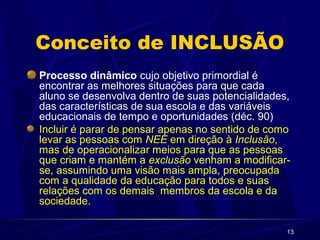 Conceito de INCLUSÃO 
Processo dinâmico cujo objetivo primordial é 
encontrar as melhores situações para que cada 
aluno se desenvolva dentro de suas potencialidades, 
das características de sua escola e das variáveis 
educacionais de tempo e oportunidades (déc. 90) 
Incluir é parar de pensar apenas no sentido de como 
levar as pessoas com NEE em direção à Inclusão, 
mas de operacionalizar meios para que as pessoas 
que criam e mantém a exclusão venham a modificar-se, 
13 
assumindo uma visão mais ampla, preocupada 
com a qualidade da educação para todos e suas 
relações com os demais membros da escola e da 
sociedade. 
 