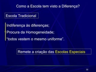 30 
Como a Escola tem visto a Diferença? 
Escola Tradicional 
Indiferença às diferenças; 
Procura da Homogeneidade; 
“todos vestem o mesmo uniforme”. 
Remete a criação das Escolas Especiais 
 