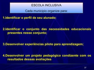 37 
ESCOLA INCLUSIVA 
Cada municipio organize para: 
1.Identificar o perfil de seu alunado; 
2.Identificar o conjunto das necessidades educacionais 
presentes nesse conjunto; 
3.Desenvolver experiências piloto para aprendizagem; 
4.Desenvolver um projeto pedagógico condizente com os 
resultados dessas avaliações 
 