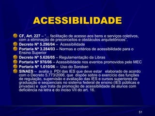 51 
ACESSIBILIDADE 
CF, Art. 227 – “... facilitação de acesso aos bens e serviços coletivos, 
com a eliminação de preconceitos e obstáculos arquitetônicos”. 
Decreto Nº 5.296/04 – Acessibilidade 
Portaria Nº 3.284/03 – Normas e critérios de acessibilidade para o 
Ensino Superior 
Decreto Nº 5.626/05 – Regulamentação da Libras 
Portaria Nº 976/06 – Acessibilidade nos eventos promovidos pelo MEC 
Portaria Nº 1.010/06 – Uso do Soroban 
SINAES – avalia o PDI das IES que deve estar elaborado de acordo 
com o Decreto 5.773/2006, que dispõe sobre o exercício das funções 
de regulação, supervisão e avaliação das IES e cursos superiores de 
graduação e seqüenciais no sistema federal de ensino (IES públicas e 
privadas) e que trata da promoção de acessibilidade de alunos com 
deficiência na letra c do inciso VII do art. 16. 
 