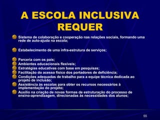55 
A ESCOLA INCLUSIVA 
REQUER 
Sistema de colaboração e cooperação nas relações sociais, formando uma 
rede de auto-ajuda na escola; 
Estabelecimento de uma infra-estrutura de serviços; 
Parceria com os pais; 
Ambientes educacionais flexíveis; 
Estratégias educativas com base em pesquisas; 
Facilitação do acesso físico dos portadores de deficiência; 
Condições adequadas de trabalho para a equipe técnica dedicada ao 
projeto de inclusão; 
Assistência às escolas para obter os recursos necessários à 
implementação do projeto; 
Auxílio na criação de novas formas de estruturação do processo de 
ensino-aprendizagem, direcionadas às necessidades dos alunos; 
 