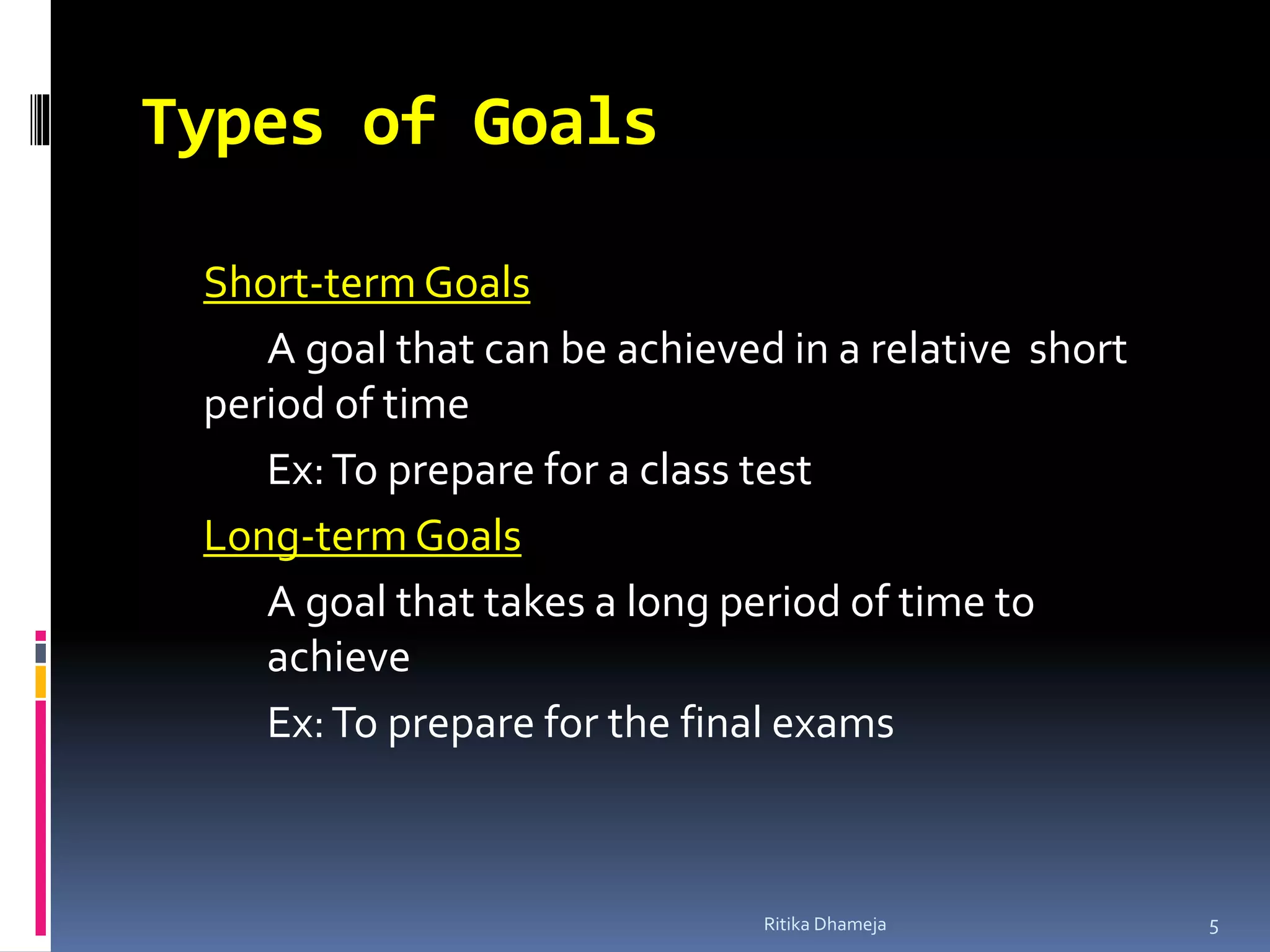 Types of Goals
Short-term Goals
A goal that can be achieved in a relative short
period of time
Ex:To prepare for a class test
Long-term Goals
A goal that takes a long period of time to
achieve
Ex:To prepare for the final exams
Ritika Dhameja 5
 