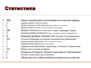 Статистика DoubleClick 2005 Consumer study ‘ 000 Число подписчиков (читателей) на отчетный период % Средний процент оттока  (Unsubscribe) % Средний процент ошибок доставки  (смена адреса, блок, фильтр) % Процент жалоб на спам  (от общего объема списка рассылки) ‘ 000 Прирост списка  (было подписчиков +  новых  -  недоставка  -  отписка ) %  Средний уровень активности  ( #  уник. «показов» + кликов /  #  отправленных ) % Средний уровень отклика  ( CTR :  #  кликов /  #  отправленных) ‘ 000 Отклик ( #  переходов по ссылкам в выпусках или публикациях) % Средний уникальный отклик  (# уник. кликов /# уник. показов) % Средний процент вирусности  («послать другу») % Удержание (# подписчиков - недоставка – отписка) / # подписчиков ‘ 000 Общее число покупок за период % Конверсия ( #  заказов / общее  #  переходов по публикациям) $ Стоимость привлечения нового покупателя $ Общая ценность (оборот/прибыль) вовлеченных клиентов 
