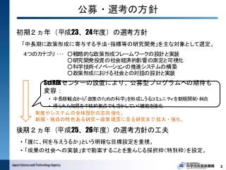 公募・選考の方針
初期２ヵ年（平成23、24年度）の選考方針
「中長期に政策形成に寄与する手法・指標等の研究開発」を主な対象として選定。
４つのカテゴリ ･･･ ○戦略的な政策形成フレームワークの設計と実装
○研究開発投資の社会経済的影響の測定と可視化
○科学技術イノベーションの推進システムの構築
○政策形成における社会との対話の設計と実装
制度やシステムの全体設計の志向強化。
新規・独自の特色ある研究～政策提言に至る研究まで拡大・強化。
後期２ヵ年（平成25、26年度）の選考方針の工夫
• 「誰に、何を与えうるか」という明確な目標設定を重視。
• 「成果の社会への実装」まで勘案することを重んじる採択枠（特別枠）を設定。
SciREXセンターの設置により、公募型プログラムへの期待も
変容：
• 中長期観点から「政策のための科学」を形成しうるコミュニティを新規開拓・糾合
• 得られた知見を中核的拠点でも活かしていく機能を強化
3
 