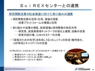 ＳｃｉＲＥＸセンターとの連携
研究開発成果の社会実装に向けた取り組みの連携
• 研究開発成果の活用・応用、実装の促進
･･･ 成果プラットフォームの構築と活用
• 取り組みや成果の発信、政策現場と研究開発の相互作用
･･･ 研究者、政策実務者ネットワークの強化と連携、協働の促進
･･･ 政策対話の場、SciREXセミナーの共催
• 「政策のための科学」を形成しうるコミュニティの形成・維持強化、
人材育成とキャリアパスの支援
8
H27年6月より、SciREXセンターと「SciREXセミナー」共催をスタート
 第4回セミナー（H27.6.11） 長岡PJ
 第5回セミナー（H27.6.18） 松浦PJ・加納圭PJ
 第8回セミナー（H27.9.9） 楡井PJ
 