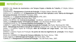REFERÊNCIAS
BARNES, R.M. Estudo de movimentos e de Tempos Projeto e Medida do Trabalho, 6ª Edição, Editora
Blucher, 1999.
CHIAVENATO, I. Planejamento e Controle da Produção, 2ª Edição, Editora Manole, 2008.
COSTA, A. C. F.; JUNGLES, A. E. O Mapeamento do Fluxo de Valor Aplicado a uma Fábrica de Montagem
de Canetas Simulada. XXVI ENEGEP, Fortaleza, 2006.
FERREIRA, J. C. E. Layouts de Sistemas de Manufatura. UFSC, 2021.
HUTCHINS, D. Just in Time. São Paulo: Atlas, 1993.
JURAN, J. M; GRYNA, F.M. Controle de Qualidade - Handbook - volume VI - Makron Books, 1993.
LIKER, J. K. O Modelo Toyota: 14 Princípios de Gestão. 1 ed. São Paulo: Bookman, 2005.
LOURENÇO FILHO, R. C. B. Controle Estatístico de Qualidade- LTC, 1986.
LUBBEN, R. T. Just in Time – Uma Estratégia Avançada de Produção. São Paulo: MacGraw-Hill, 1989.
MASP - Metodologia de Análise e Solução de Problemas. Equipe Grifo. 2. ed. São Paulo: Pioneira, 1997.
OHNO, T. O Sistema Toyota de Produção: Além da Produção em Larga Escala. São Paulo: Editora
Bookman, 1997.
SHINGO, S. Sistema Toyota de Produção: Do ponto de vista da engenharia de produção. Porto Alegre:
Bookman, 1996.
SILVA, A.V; COIMBRA, R.R. Manual de Tempos e Métodos. São Paulo. Hemus, 1980.
SLACK, Nigel et al. Administração da Produção. São Paulo: Atlas, 1999.
TUBINO, D. F. Planejamento e Controle da Produção. 1 ed, São Paulo, Atlas, 2007.
 