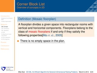 Corner Block List
                         Overview of concepts in 2D


Introduction              .
Background and Related
Work                      Deﬁnition (Mosaic ﬂoorplan)
Problem Speciﬁcation


Methods                   A ﬂoorplan divides a given space into rectangular rooms with
CBL Concepts
CBL Orientations          vertical and horizontal components. Floorplans belong to the
CBL Operations
3D CBL                    class of mosaic ﬂoorplans if and only if they satisfy the
Tri-Branch and Corner
Cubic Block               following properties[Ma et al., 2005]
3D CBL Operations
3D CBL Algorithm


Results
                              There is no empty space in the plan.
Conclusion

References




                          Billy Okal   3D CBL: An Efﬁcient Algorithm for General 3-Dimensional Packing Problems   March 8, 2012 6/24
 