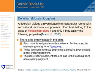 Corner Block List
                         Overview of concepts in 2D


Introduction              .
Background and Related
Work                      Deﬁnition (Mosaic ﬂoorplan)
Problem Speciﬁcation


Methods                   A ﬂoorplan divides a given space into rectangular rooms with
CBL Concepts
CBL Orientations          vertical and horizontal components. Floorplans belong to the
CBL Operations
3D CBL                    class of mosaic ﬂoorplans if and only if they satisfy the
Tri-Branch and Corner
Cubic Block               following properties[Ma et al., 2005]
3D CBL Operations
3D CBL Algorithm


Results
                              There is no empty space in the plan.
Conclusion                    1 Each room is assigned exactly one block. Furthermore, the
References
                                internal segments form T-junctions.
                              2 These junctions have two segments; a crossing segment and
                                a non-crossing segment.
                              3 The non-crossing segment has one end in the touching point
                                of a crossing segment.



                          Billy Okal   3D CBL: An Efﬁcient Algorithm for General 3-Dimensional Packing Problems   March 8, 2012 6/24
 