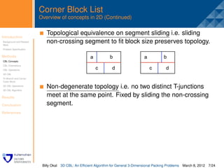Corner Block List
                         Overview of concepts in 2D (Continued)


Introduction              . Topological equivalence on segment sliding i.e. sliding
Background and Related
Work
                            non-crossing segment to ﬁt block size preserves topology.
Problem Speciﬁcation


Methods
CBL Concepts
CBL Orientations
CBL Operations
3D CBL
Tri-Branch and Corner
Cubic Block
3D CBL Operations
3D CBL Algorithm
                            Non-degenerate topology i.e. no two distinct T-junctions
Results                     meet at the same point. Fixed by sliding the non-crossing
Conclusion                  segment.
References




                          Billy Okal   3D CBL: An Efﬁcient Algorithm for General 3-Dimensional Packing Problems   March 8, 2012 7/24
 