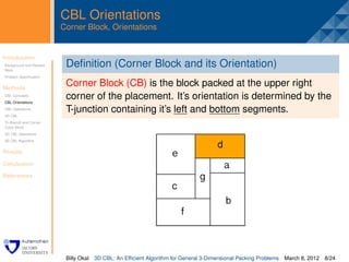 CBL Orientations
                         Corner Block, Orientations


Introduction
Background and Related
                          .
                          Deﬁnition (Corner Block and its Orientation)
Work
Problem Speciﬁcation


Methods
                          Corner Block (CB) is the block packed at the upper right
CBL Concepts
CBL Orientations
                          corner of the placement. It’s orientation is determined by the
CBL Operations
3D CBL
                          T-junction containing it’s left and bottom segments.
Tri-Branch and Corner
Cubic Block
3D CBL Operations
3D CBL Algorithm


Results

Conclusion

References




                          Billy Okal   3D CBL: An Efﬁcient Algorithm for General 3-Dimensional Packing Problems   March 8, 2012 8/24
 