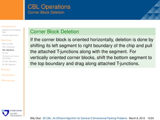 CBL Operations
                         Corner Block Deletion


Introduction
Background and Related
                          .
Work                      Corner Block Deletion
Problem Speciﬁcation


Methods                   If the corner block is oriented horizontally, deletion is done by
CBL Concepts
CBL Orientations          shifting its left segment to right boundary of the chip and pull
CBL Operations
3D CBL                    the attached T-junctions along with the segment. For
Tri-Branch and Corner
Cubic Block               vertically oriented corner blocks, shift the bottom segment to
3D CBL Operations
3D CBL Algorithm          the top boundary and drag along attached T-junctions.
Results

Conclusion

References




                          Billy Okal 3D CBL: An Efﬁcient Algorithm for General 3-Dimensional Packing Problems March 8, 2012 10/24
 
