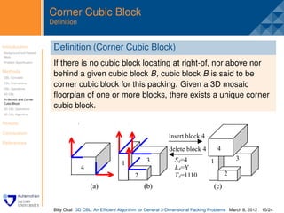 uncovered Y-tri-branches in packing sequence are {T 3, T 2,
                                  TY1}, The uncovered X-tri-branches in packing sequence are
                           Corner2,TX3}, TX1 Block by block 2. The uncovered Z-tri-
                                  {TX Cubic is covered
                                  branches are {TZ1,TZ3} and TZ2 is covered by block 3.
                           Deﬁnition
   relative relations                 The uncovered tri-branches provide the positions for the next
  lock “a” is said to             blocks. We find that the blocks should cover the previous
 eft-of any point of . eﬁnition blocks according to their packing sequence. We take the
   Introduction             D packed (Corner Cubic Block)
 , “front-of”, “rear-
    Background and Related
    Work                          tri-branches of Y direction for instance. In Fig.3, the surface
mosaic Speciﬁcation
    Problem structure in
                            If there is no of TY1 and its extension cover the previous uncovered
                                  projection cubic block locating at right-of, nor above nor
  al packing region
   Methods
                                                Y         Y
                                  tri-branches(Tcubic block which means the block said toTbe
                                                 2 and T 3), B, cubic block B is covers
                                                                                                 Y
   is assigned to no behind a given
                                                                                                   1
                                                      Y       Y
    CBL Concepts
                                  should also cover T 2 and T 3. In Fig.3, block 4 covers three tri-
  an define the 3D corner cubic block for this 3). Therefore, we a 3D mosaic
    CBL Orientations
    CBL Operations                branches(TY1,TY2 and TY packing. Given define the tri-
gs. A 3D packing ﬂoorplan of covered by the block as its attached tri-branches.
    3D CBL
                                  branches one or more blocks, there exists a unique corner
 y Tri-Branchsatisfies the
    if it and Corner
    Cubic Block
                            cubic block. 1: Y TheY uncovered tri-branches list inY packing
                                     Lemma
                                  sequence is {T 1, T 2, … TYk}. If a block B covers T i, then B
    3D CBL Operations
    3D CBL Algorithm
   mosaic floorplan               may cover TYm(m i) and block B does not cover TYn(n i ).
 king region into n
   Results

 igned exactly one
   Conclusion
                                                                     Insert block 4
  References
 g: The topology                                                         delete block 4        4
cted by the sliding                                            3           S4=4            1           3
                                                    1
                                  4                                        L4=Y
 ioning sides meet                                        2                T4=1110                 2
as degenerate of
                                        (a)                         (b)                              (c)
pens, we separate
                                   Fig.3 The Tri-branches in packing: (a) each block has 3 tri-
 istance so that the
                                 branches, (b) the uncovered Tri-branches, (c) the Tri-branches
 ue.                   Billy Okal 3D are covered by block 4 and the corresponding 3D CBL: 8, 2012
                                     CBL: An Efﬁcient Algorithm for General 3-Dimensional Packing Problems March   15/24
 