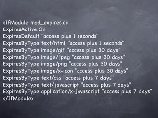 <IfModule mod_expires.c>
ExpiresActive On
ExpiresDefault "access plus 1 seconds"
ExpiresByType text/html "access plus 1 seconds"
ExpiresByType image/gif "access plus 30 days"
ExpiresByType image/jpeg "access plus 30 days"
ExpiresByType image/png "access plus 30 days"
ExpiresByType image/x-icon "access plus 30 days"
ExpiresByType text/css "access plus 7 days"
ExpiresByType text/javascript "access plus 7 days"
ExpiresByType application/x-javascript "access plus 7 days"
</IfModule>
 