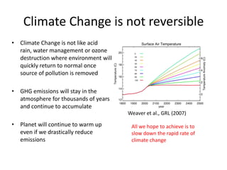 Climate Change is not reversible
• Climate Change is not like acid
  rain, water management or ozone
  destruction where environment will
  quickly return to normal once
  source of pollution is removed

• GHG emissions will stay in the
  atmosphere for thousands of years
  and continue to accumulate
                                       Weaver et al., GRL (2007)

• Planet will continue to warm up       All we hope to achieve is to
  even if we drastically reduce         slow down the rapid rate of
  emissions                             climate change
 