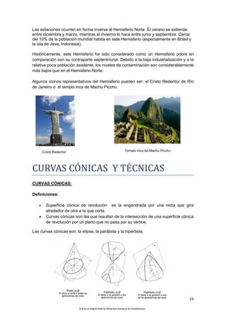 Las estaciones ocurren en forma inversa al Hemisferio Norte. El verano se extiende
entre diciembre y marzo, mientras el invierno lo hace entre junio y septiembre. Cerca
del 10% de la población mundial habita en este Hemisferio (especialmente en Brasil y
la isla de Java, Indonesia).

Históricamente, este Hemisferio ha sido considerado como un Hemisferio pobre en
comparación con su contraparte septentrional. Debido a la baja industrialización y a la
relativa poca población existente, los niveles de contaminación son considerablemente
más bajos que en el Hemisferio Norte.

Algunos iconos representativos del Hemisferio pueden ser: el Cristo Redentor de Río
de Janeiro o el templo inca de Machu Picchu.




       Cristo Redentor                             Templo inca de Machu Picchu




CURVAS CÓNICAS Y TÉCNICAS
CURVAS CÓNICAS:

Definiciones:

        Superficie cónica de revolución es la engendrada por una recta que gira
         alrededor de otra a la que corta.
        Curvas cónicas son las que resultan de la intersección de una superficie cónica
         de revolución por un plano que no pasa por su vértice.

Las curvas cónicas son: la elipse, la parábola y la hipérbola.




                                                                                     16
 