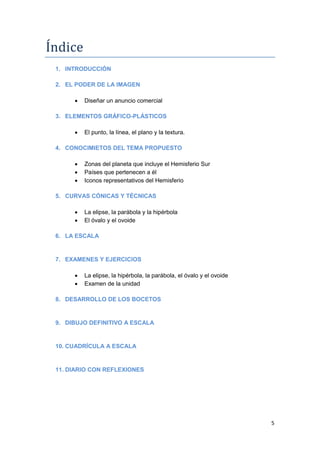 Índice
 1. INTRODUCCIÓN

 2. EL PODER DE LA IMAGEN

         Diseñar un anuncio comercial

 3. ELEMENTOS GRÁFICO-PLÁSTICOS

         El punto, la línea, el plano y la textura.

 4. CONOCIMIETOS DEL TEMA PROPUESTO

         Zonas del planeta que incluye el Hemisferio Sur
         Países que pertenecen a él
         Iconos representativos del Hemisferio

 5. CURVAS CÓNICAS Y TÉCNICAS

         La elipse, la parábola y la hipérbola
         El óvalo y el ovoide

 6. LA ESCALA


 7. EXAMENES Y EJERCICIOS

         La elipse, la hipérbola, la parábola, el óvalo y el ovoide
         Examen de la unidad

 8. DESARROLLO DE LOS BOCETOS


 9. DIBUJO DEFINITIVO A ESCALA


 10. CUADRÍCULA A ESCALA


 11. DIARIO CON REFLEXIONES




                                                                       5
 