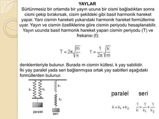 YAYLAR
 Sürtünmesiz bir ortamda bir yayın ucuna bir cismi bağladıktan sonra
   cismi çekip bırakırsak, cisim şekildeki gibi basit harmonik hareket
 yapar. Yani cismin hareketi yukarıdaki harmonik hareket formüllerine
uyar. Yayın ve cismin özelliklerine göre cismin periyodu hesaplanabilir.
  Yayın ucunda basit harmonik hareket yapan cismin periyodu (T) ve
                               frekansı (f):




denklemleriyle bulunur. Burada m cismin kütlesi, k yay sabitidir.
İki yay paralel yada seri bağlanmışsa ortak yay sabitleri aşağıdaki
formüllerden bulunur.
 