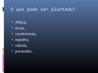 O que pode ser plantado?

• Alface,
• ervas,
• condimento,
• repolho,
• cebola,
• pimentão.
 