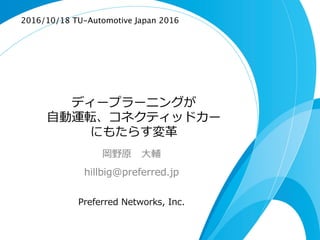 ディープラーニングが
⾃自動運転、コネクティッドカー
にもたらす変⾰革
岡野原 ⼤大輔
hillbig@preferred.jp
Preferred  Networks,  Inc.
2016/10/18 TU-Automotive Japan 2016
 