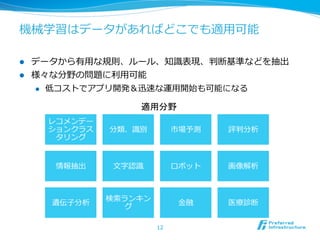 機械学習はデータがあればどこでも適⽤用可能

l  データから有⽤用な規則、ルール、知識識表現、判断基準などを抽出
l  様々な分野の問題に利利⽤用可能
    l  低コストでアプリ開発＆迅速な運⽤用開始も可能になる


                     適用分野	
      レコメンデー
      ションクラス   分類、識識別         市場予測    評判分析
       タリング


      情報抽出      ⽂文字認識識        ロボット    画像解析



               検索索ランキン
      遺伝⼦子分析                   ⾦金金融   医療療診断
                  グ

                         12
 