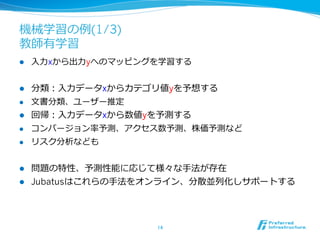機械学習の例例(1/3)
教師有学習
l    ⼊入⼒力力xから出⼒力力yへのマッピングを学習する


l  分類：⼊入⼒力力データxからカテゴリ値yを予想する
l  ⽂文書分類、ユーザー推定

l  回帰：⼊入⼒力力データxから数値yを予測する
l  コンバージョン率率率予測、アクセス数予測、株価予測など

l  リスク分析なども



l  問題の特性、予測性能に応じて様々な⼿手法が存在
l  Jubatusはこれらの⼿手法をオンライン、分散並列列化しサポートする




                         14	
 