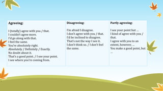 Agreeing:
I (totally) agree with you / that.
I couldn’t agree more.
I’d go along with that.
I feel the same.
You’re absolutely right.
Absolutely / Definitely / Exactly.
No doubt about it.
That’s a good point. / I see your point.
I see where you’re coming from.
Disagreeing:
I’m afraid I disagree.
I don’t agree with you / that.
I’d be inclined to disagree.
That’s not the way I see it.
I don’t think so. / I don’t feel
the same.
Partly agreeing:
I see your point but …
I kind of agree with you /
that.
I agree with you to an
extent, however, …
You make a good point, but
…
 
