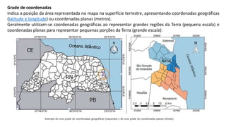 Grade de coordenadas
Indica a posição da área representada no mapa na superfície terrestre, apresentando coordenadas geográficas
(latitude e longitude) ou coordenadas planas (metros).
Geralmente utilizam-se coordenadas geográficas ao representar grandes regiões da Terra (pequena escala) e
coordenadas planas para representar pequenas porções da Terra (grande escala):
Exemplo de uma grade de coordenadas geográficas (esquerda) e de uma grade de coordenadas planas (direita)
 