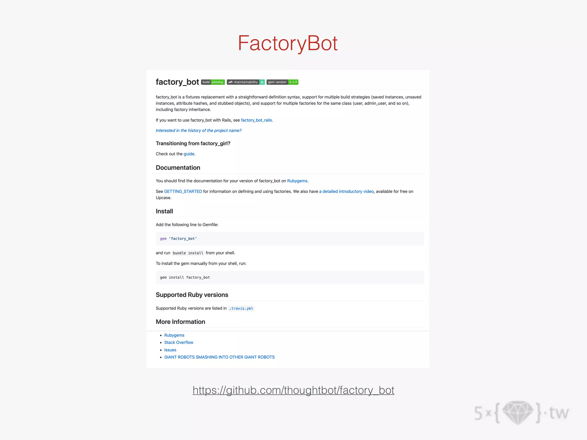 FactoryBot
https://github.com/thoughtbot/factory_bot
 