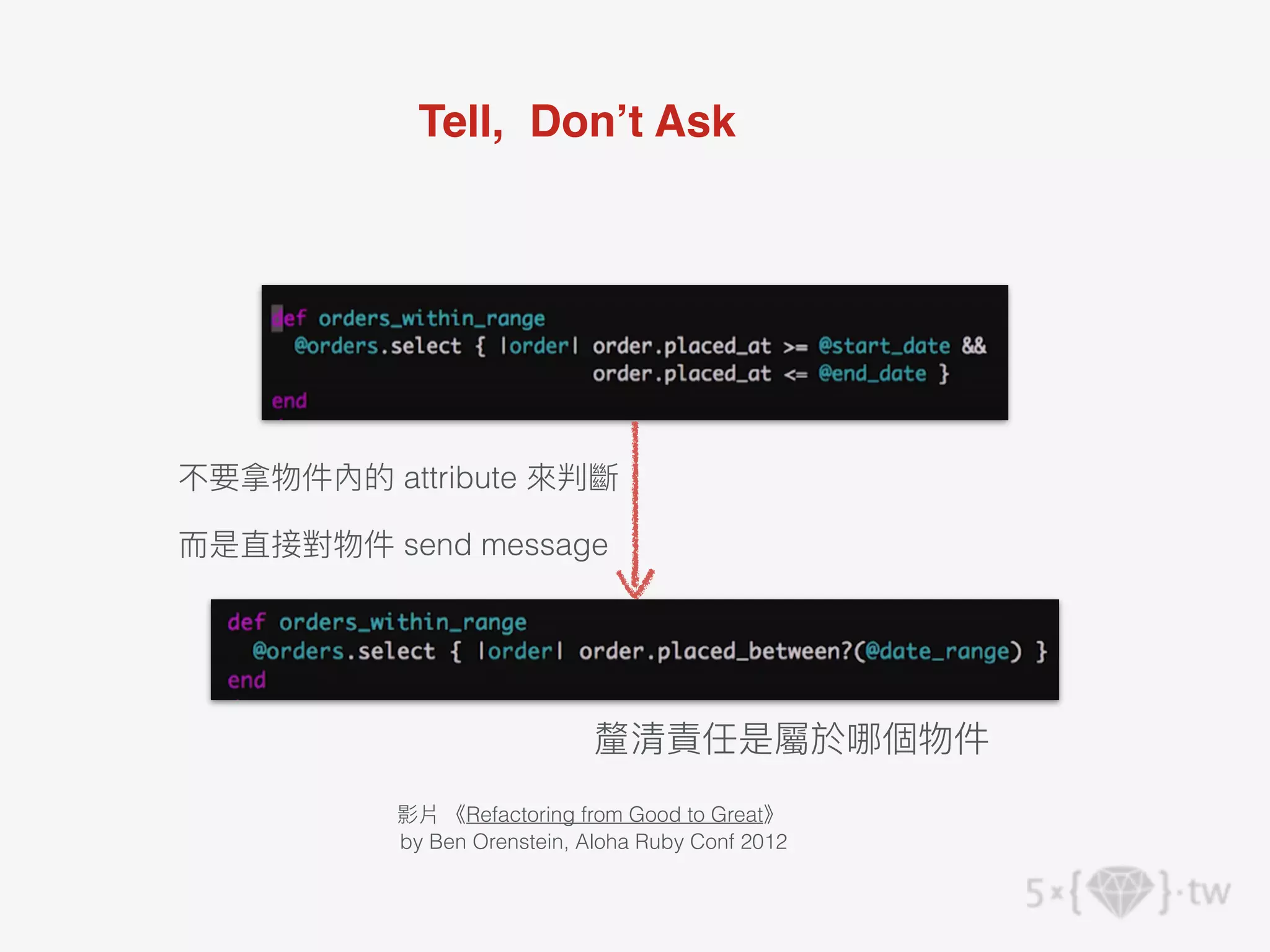 Tell, Don’t Ask
影片 《Refactoring from Good to Great》
by Ben Orenstein, Aloha Ruby Conf 2012
不要拿物件內的 attribute 來判斷
⽽是直接對物件 send message
釐清責任是屬於哪個物件
 