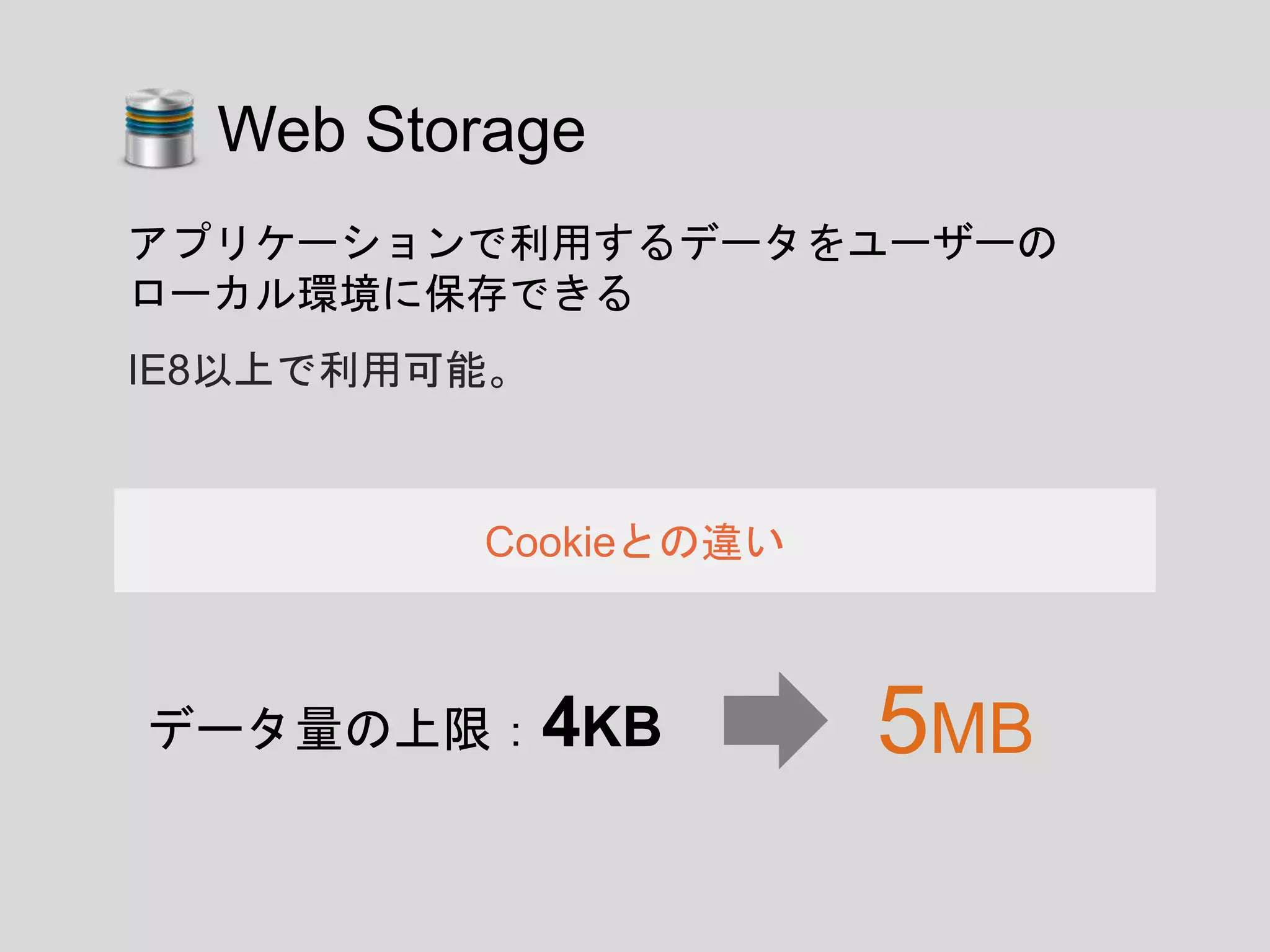 IE8以上で利用可能。
アプリケーションで利用するデータをユーザーの
ローカル環境に保存できる
Cookieとの違い
データ量の上限：4KB 5MB
Web Storage
 