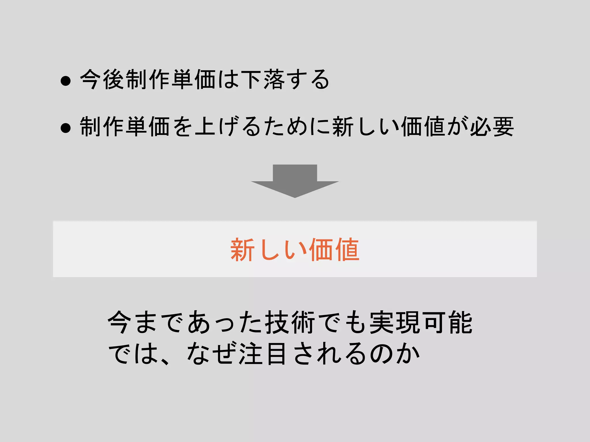 今まであった技術でも実現可能
では、なぜ注目されるのか
新しい価値
● 今後制作単価は下落する
● 制作単価を上げるために新しい価値が必要
 