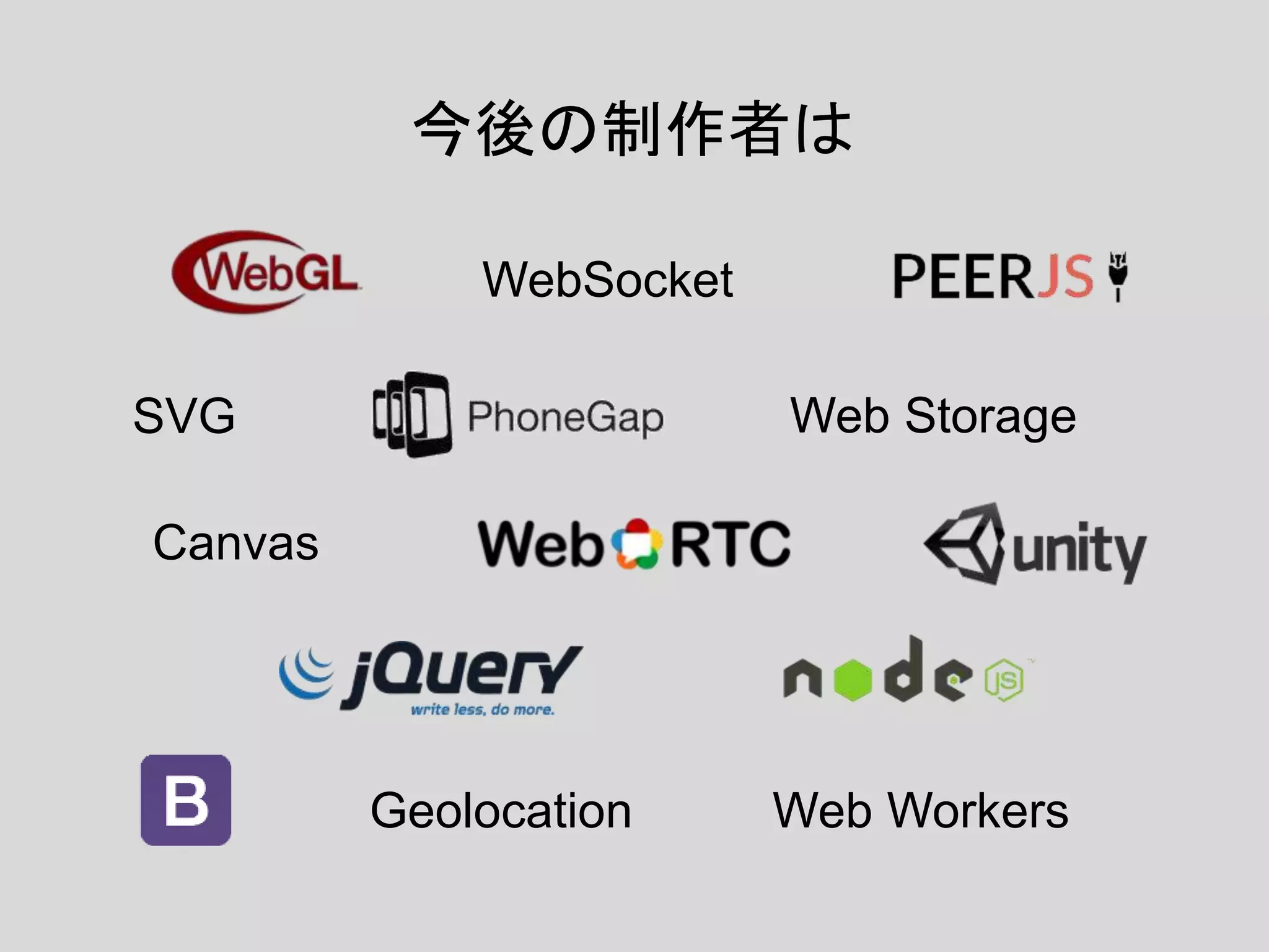 今後の制作者は
SVG
Canvas
Web Storage
Geolocation Web Workers
WebSocket
 