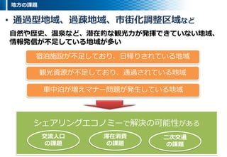 宿泊施設が不足しており、日帰りされている地域
車中泊が増えマナー問題が発生している地域
観光資源が不足しており、通過されている地域
シェアリングエコノミーで解決の可能性がある
地方の課題
自然や歴史、温泉など、潜在的な観光力が発揮できていない地域、
情報発信が不足している地域が多い
交流人口
の課題
滞在消費
の課題
二次交通
の課題
• 通過型地域、過疎地域、市街化調整区域など
 