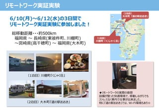 リモートワーク実証実験
総移動距離・・・約500km
福岡県 ～ 長崎県(東彼杵町、川棚町)
～宮崎県(高千穂町) ～ 福岡県(大木町)
〔1泊目〕 川棚町『くじゃく荘』
6/10(月)～6/12(水)の3日間で
リモートワーク実証実験に参加しました！
〔1泊目〕
川棚町「くじゃく荘」
〔2泊目〕
大木町「道の駅おおき」
〔2泊目〕 大木町『道の駅おおき』
◆リモートワークの実際の感想
設備が整った快適環境で、移動しながらでも
ストレスなく車内で仕事が出来ました。
特に『道の駅おおき』では、Wi-Fi環境もあり◎
 