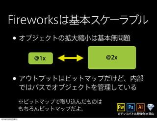 •アウトプットはビットマップだけど、内部
ではパスでオブジェクトを管理している
※ビットマップで取り込んだものは
もちろんビットマップだよ。
Fireworksは基本スケーラブル
@1x @2x
ガチンコバトル勉強会in岡山
•オブジェクトの拡大縮小は基本無問題
13年6月23日日曜日
 