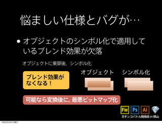悩ましい仕様とバグが…
•オブジェクトのシンボル化で適用して
いるブレンド効果が欠落
オブジェクトに乗算後、シンボル化
ブレンド効果が
なくなる！
オブジェクト シンボル化
可能なら変換後に。最悪ビットマップ化
ガチンコバトル勉強会in岡山
13年6月23日日曜日
 