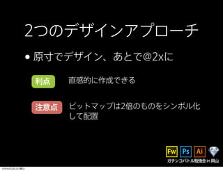 2つのデザインアプローチ
•原寸でデザイン、あとで@2xに
利点
注意点
直感的に作成できる
ビットマップは2倍のものをシンボル化
して配置
ガチンコバトル勉強会in岡山
13年6月23日日曜日
 