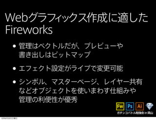 Webグラフィックス作成に適した
Fireworks
ガチンコバトル勉強会in岡山
•管理はベクトルだが、プレビューや
書き出しはビットマップ
•エフェクト設定がライブで変更可能
•シンボル、マスターページ、レイヤー共有
などオブジェクトを使いまわす仕組みや
管理の利便性が優秀
13年6月23日日曜日
 