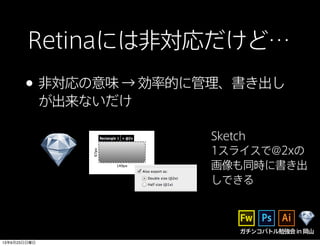ガチンコバトル勉強会in岡山
Retinaには非対応だけど…
•非対応の意味 → 効率的に管理、書き出し
が出来ないだけ
Sketch
1スライスで@2xの
画像も同時に書き出
しできる
13年6月23日日曜日
 
