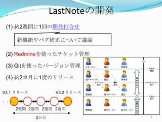 LastNoteの開発	
  (1) 約2週間に1回の開発打合せ	

        新機能やバグ修正について議論

  (2) Redmineを使ったチケット管理

  (3) Gitを使ったバージョン管理

  (4) 約2カ月に1度のリリース

V3.1 リリース	
               V3.2 リリース	

・・・	
        2週間	
 2週間	
 2週間	
 2週間	

                 2か月	
                   7	
 