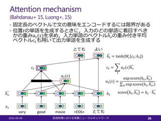Attention mechanism
(Bahdanau+ 15, Luong+, 15)
2016-06-09 言語処理における深層ニューラルネットワーク 26
very good movie
とても よい
<EOS> とても
𝑥𝑥𝑠𝑠
ℎ𝑠𝑠 ℎ𝑡𝑡
𝑎𝑎𝑡𝑡(𝑠𝑠)
𝑐𝑐𝑡𝑡
�ℎ𝑡𝑡 = tanh(𝑊𝑊𝑐𝑐[𝑐𝑐𝑡𝑡; ℎ𝑡𝑡])
𝑎𝑎𝑡𝑡(𝑠𝑠) =
exp score(ℎ𝑡𝑡, ℎ𝑠𝑠)
∑𝑠𝑠′ exp score(ℎ𝑡𝑡, ℎ𝑠𝑠𝑠)
score ℎ𝑡𝑡, ℎ𝑠𝑠 = ℎ𝑡𝑡 ⋅ ℎ𝑠𝑠
𝑐𝑐𝑡𝑡 = �
𝑠𝑠
𝑎𝑎𝑡𝑡(𝑠𝑠)ℎ𝑠𝑠
• 固定長のベクトルで文の意味をエンコードするには限界がある
• 位置𝑡𝑡の単語を生成するときに，入力のどの単語に着目すべき
かの重み𝑎𝑎𝑡𝑡(𝑠𝑠)を求め，入力単語のベクトルℎ𝑠𝑠の重み付き平均
ベクトル𝑐𝑐𝑡𝑡も用いて出力単語を生成する
 