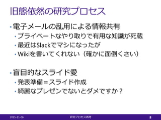 旧態依然の研究プロセス
• 電子メールの乱用による情報共有
• プライベートなやり取りで有用な知識が死蔵
• 最近はSlackでマシになったが
• Wikiを書いてくれない（確かに面倒くさい）
• 盲目的なスライド愛
• 発表準備＝スライド作成
• 綺麗なプレゼンでないとダメですか？
2015-11-06 研究プロセス再考 8
 