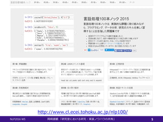 NLP2016 WS 岡崎直観 「研究室における研究・実装ノウハウの共有」
http://www.cl.ecei.tohoku.ac.jp/nlp100/
5
 