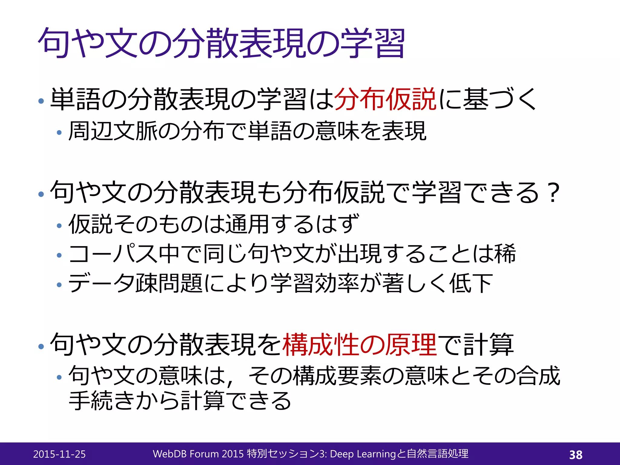 句や文の分散表現の学習
• 単語の分散表現の学習は分布仮説に基づく
• 周辺文脈の分布で単語の意味を表現
• 句や文の分散表現も分布仮説で学習できる？
• 仮説そのものは通用するはず
• コーパス中で同じ句や文が出現することは稀
• データ疎問題により学習効率が著しく低下
• 句や文の分散表現を構成性の原理で計算
• 句や文の意味は，その構成要素の意味とその合成
手続きから計算できる
2015-11-25 WebDB Forum 2015 3: Deep Learning特別セッション と自然言語処理 38
 