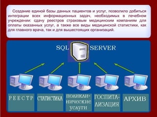 Создание единой базы данных пациентов и услуг, позволило добиться
интеграции всех информационных задач, необходимых в лечебном
учреждении: сдачу реестров страховым медицинским компаниям для
оплаты оказанных услуг, а также все виды медицинской статистики, как
для главного врача, так и для вышестоящих организаций.
 